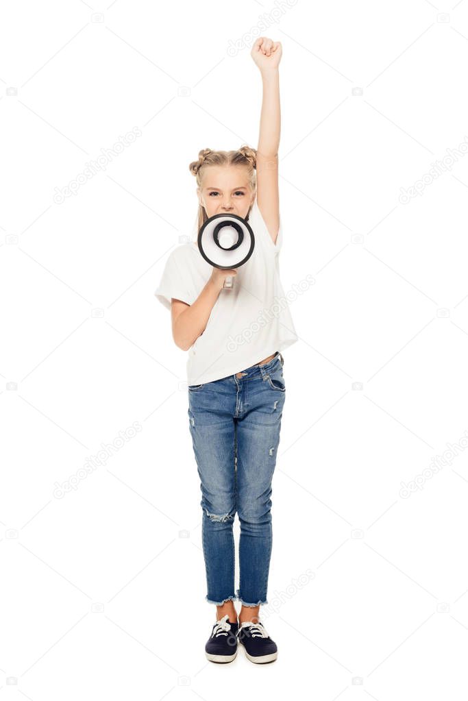 adorable child yelling in megaphone and raising hand isolated on white