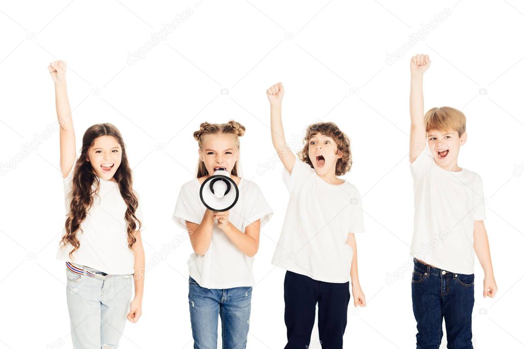 excited children screaming with raised hands and megaphone on protest isolated on white