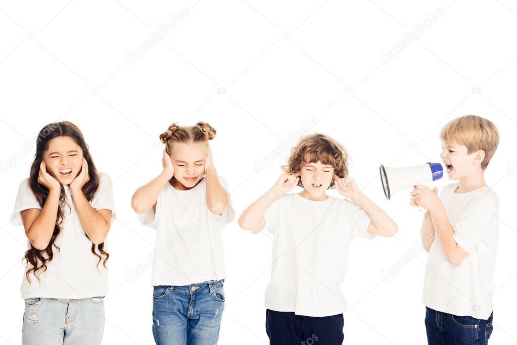 boy screaming in megaphone, kids covering ears isolated on white