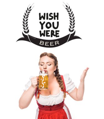 oktoberfest waitress in traditional bavarian dress drinking light beer isolated on white background with 