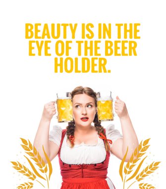 oktoberfest waitress in traditional bavarian dress putting head between mugs of light beer isolated on white background with 