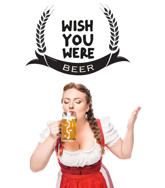 Oktoberfest Waitress Traditional Bavarian Dress Drinking Light Beer Isolated White — Free Stock Photo