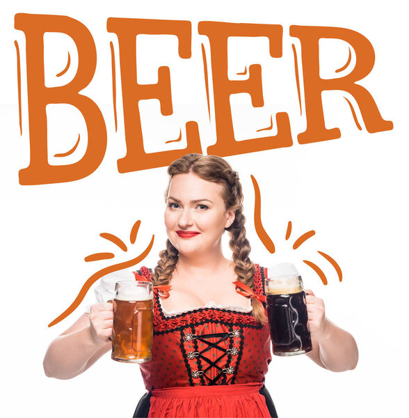 smiling oktoberfest waitress in traditional bavarian dress showing mugs with light and dark beer isolated on white background with "beer" lettering