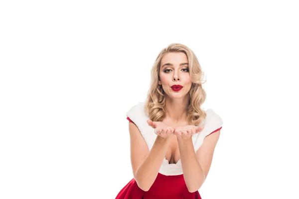 Attractive Santa Girl Christmas Dress Blowing Air Kiss Isolated White — Free Stock Photo