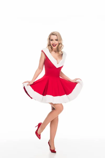 Sexy Santa Girl Raising Christmas Dress Isolated White — Stock Photo, Image