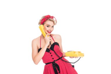 portrait of pretty woman in pin up dress talking on retro telephone isolated on white clipart