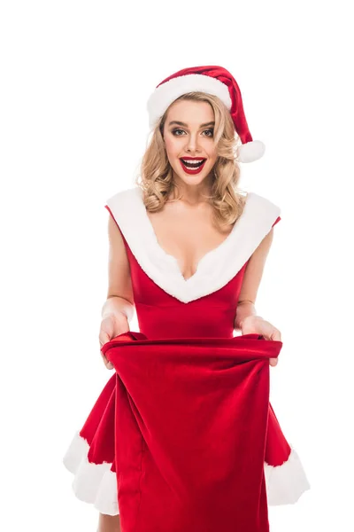 白で隔離クリスマス袋を保持しているハッピー サンタ ガール — ストック写真