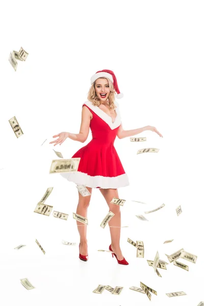 Happy Santa Girl Christmas Hat Throwing Out Cash Money Isolated — Stock Photo, Image