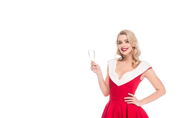 Cheerful Young Woman Christmas Dress Holding Champagne Glass Isolated White — Free Stock Photo