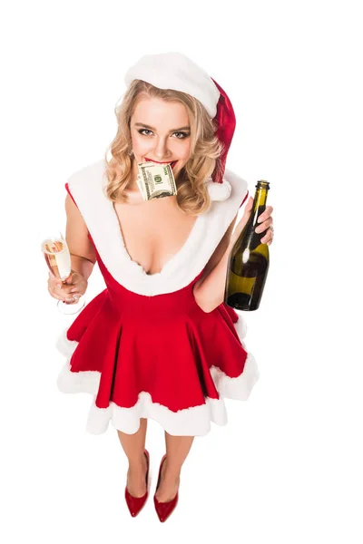 Vista Ángulo Alto Atractiva Chica Santa Vestido Navidad Con Dinero — Foto de Stock