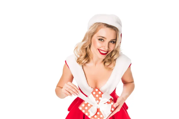 Hochwinkelaufnahme Von Sexy Weihnachtsmädchen Mit Weihnachtsmütze Die Mit Geschenkbox Auf — kostenloses Stockfoto