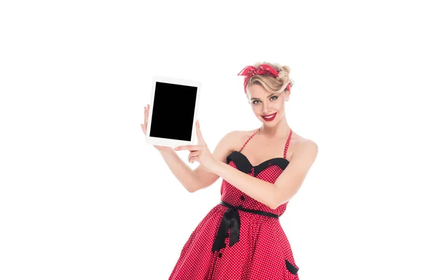 Portrait Stylish Woman Pin Clothing Showing Digital Tablet Blank Screen — Stock Photo, Image