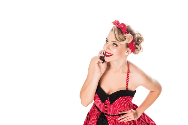 Hoge Hoekmening Van Stijlvolle Vrouw Retro Kleding Praten Smartphone Geïsoleerd — Stockfoto