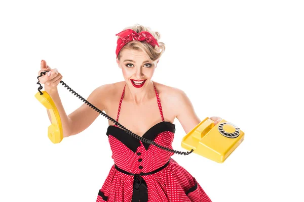 Hochwinkelaufnahme Der Aufgeregten Frau Pin Kleid Mit Retro Telefon Isoliert — kostenloses Stockfoto