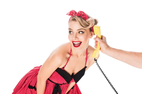 Emotional Woman Vintage Dress Talking Retro Telephone Male Hand Isolated — Free Stock Photo