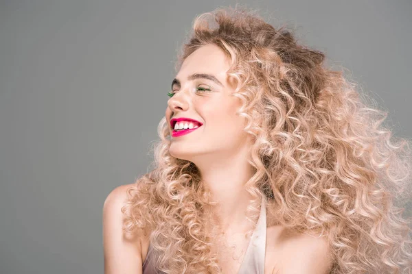 Happy Young Woman Long Curly Hair Laughing Isolated Grey — Stock Photo, Image