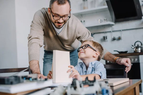 Smiling Father Son Glasses Looking Each Other Home — Stock Photo, Image