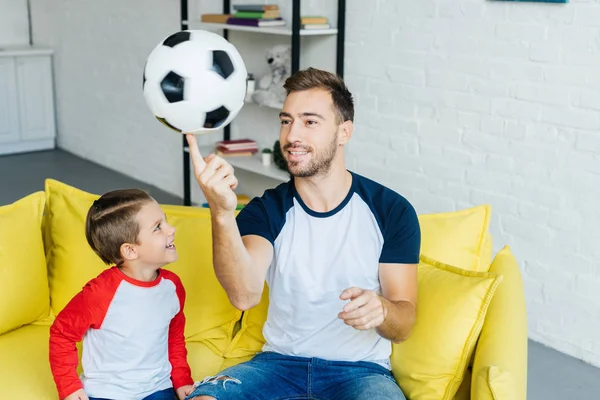 Portrait Father Son Soccer Ball Home — Stock Photo, Image