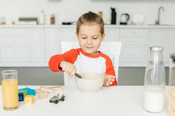 Portrait Little Boy Having Breakfast Kitchen Home — Stock Photo, Image