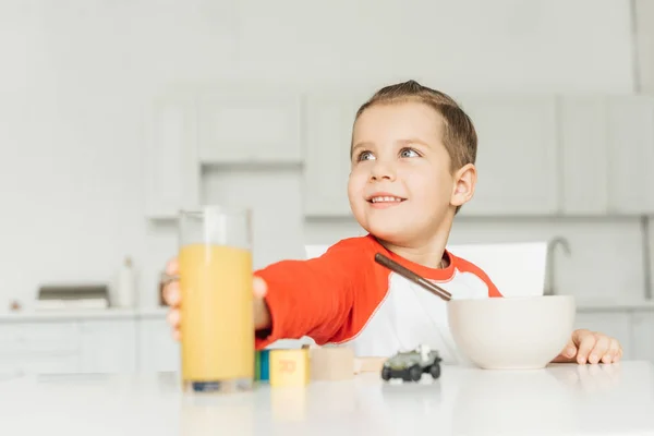 Portrait Little Boy Having Breakfast Kitchen Home — Stock Photo, Image