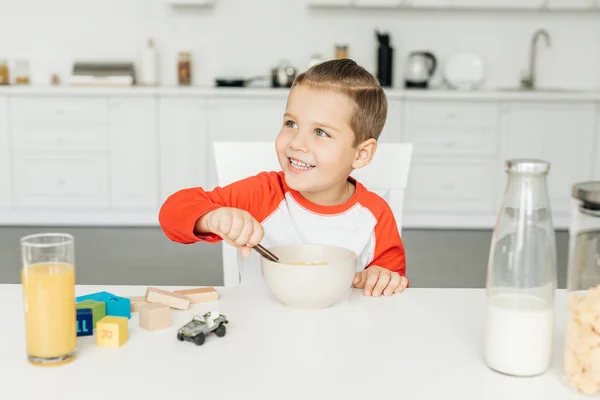 Portrait Little Smiling Boy Having Breakfast Kitchen Home — Stock Photo, Image