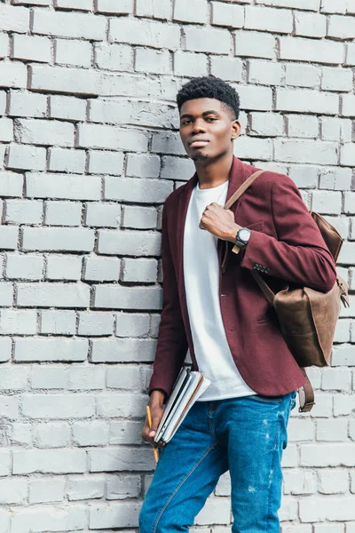 Handsome African American Freelancer Documents Leather Backpack Standing White Brick — Stock Photo, Image