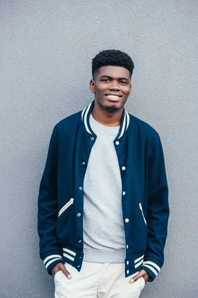 Portrait Handsome African American Man Stylish Blue Bomber — Stock Photo, Image