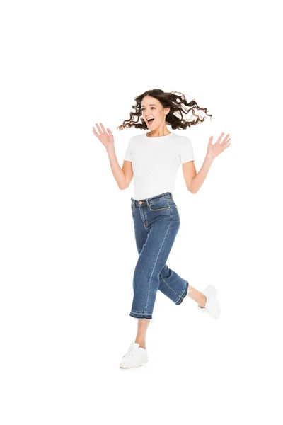 Opgewonden Mooie Vrouw Springen Geïsoleerd Wit — Stockfoto
