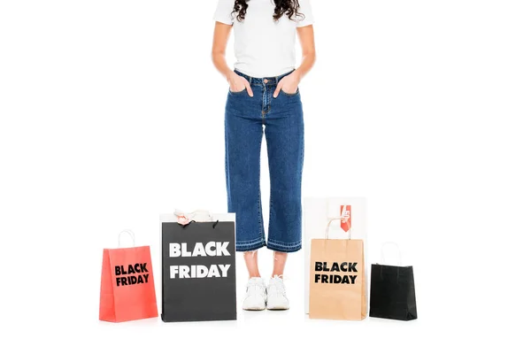Cropped View Woman Posing Shopping Bags Black Friday Sale Signs — Stock Photo, Image