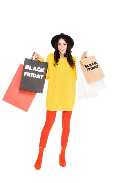 Excited Girl Holding Shopping Bags Black Friday Symbols Isolated White — Free Stock Photo