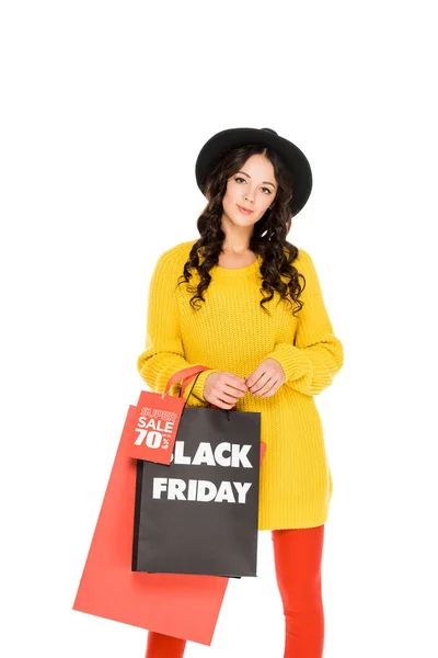 Módní Mladá Žena Klobouku Drží Nákupní Tašky Černý Pátek Prodej — Stock fotografie zdarma
