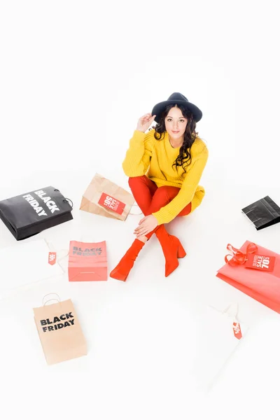 Fashionable Female Shopaholic Sitting Shopping Bags Black Friday Sale Isolated — Free Stock Photo