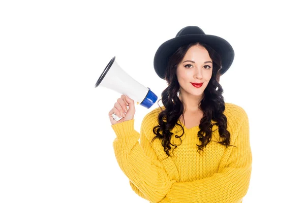 Menina Moda Atraente Chapéu Segurando Megafone Isolado Branco — Fotografia de Stock