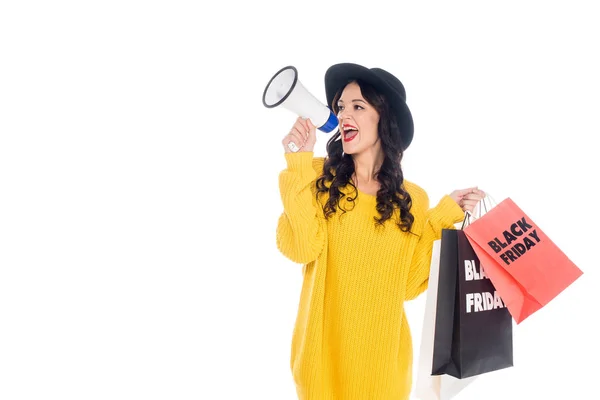 Cliente Emocional Con Bolsas Compras Gritando Megáfono Para Promoción Viernes —  Fotos de Stock