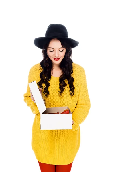 Beautiful Shopaholic Holding Footwear Box Isolated White — Free Stock Photo