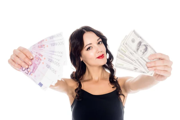 Portrait Young Woman Showing Dollar Euro Banknotes Hands Isolated White — Free Stock Photo