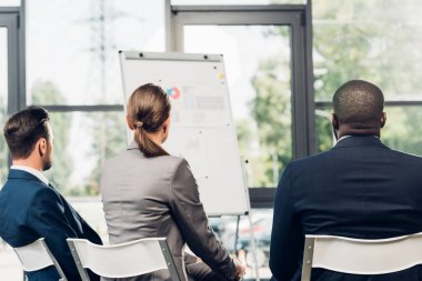 arkadan görünüşü konferans salonu ile beyaz tahta oturan çok kültürlü iş adamları