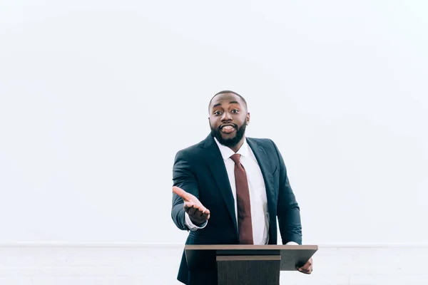 Handsome African American Lecturer Standing Podium Tribune Gesturing Seminar Conference — Stock Photo, Image