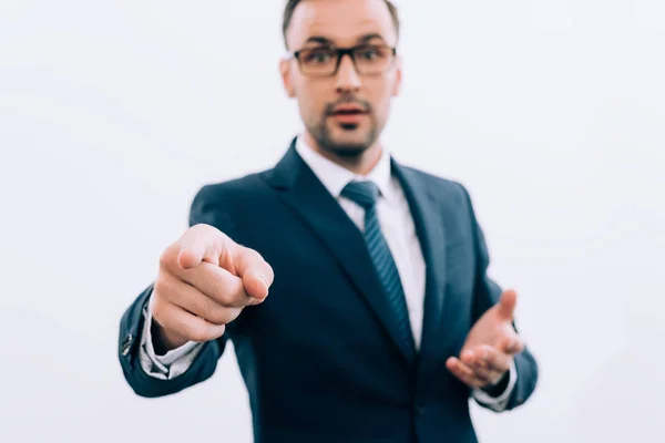 Selective Focus Handsome Businessman Pointing Camera Isolated White — Stock Photo, Image