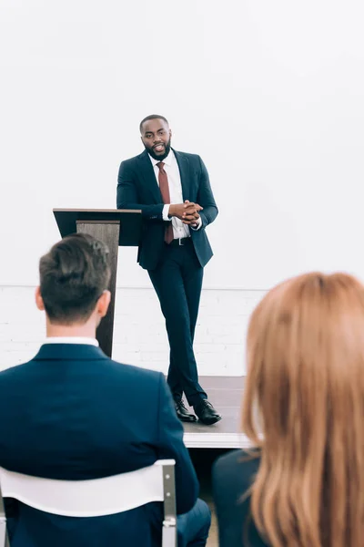 Handsome African American Speaker Leaning Podium Tribune Seminar Conference Hall — Stock Photo, Image