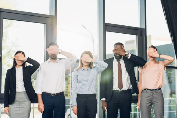 Obscured View Multiethnic Businesspeople Covering Eyes Conference Hall — Stock Photo, Image