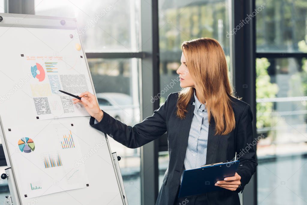 female business speaker pointing at white board during lecture in conference hall