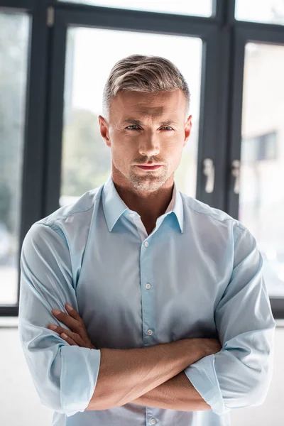 Close Portrait Serious Adult Man Shirt Looking Camera Crossed Arms — Stock Photo, Image