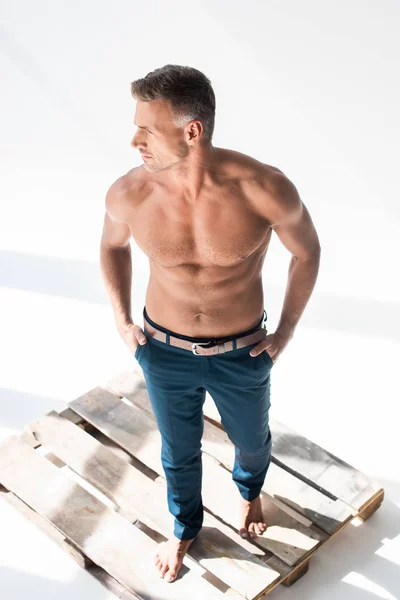 Vista Ángulo Alto Del Hombre Adulto Guapo Sin Camisa Pie — Foto de Stock