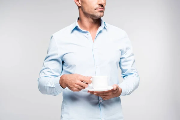 Cropped Shot Handsome Adult Man Holding Cup Coffee Isolated White — Free Stock Photo