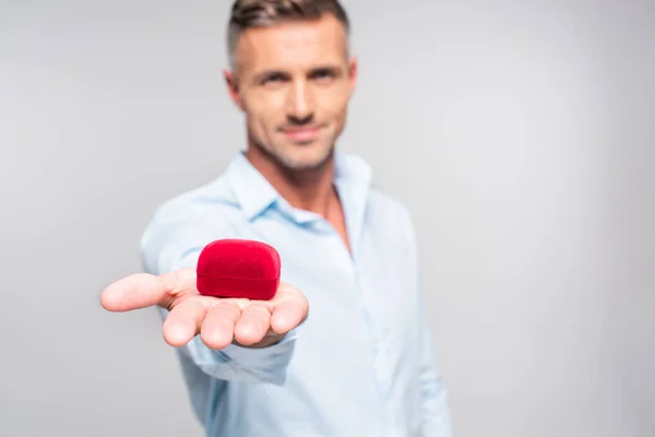Close Shot Handsome Adult Man Holding Red Box Proposal Isolated — Stock Photo, Image