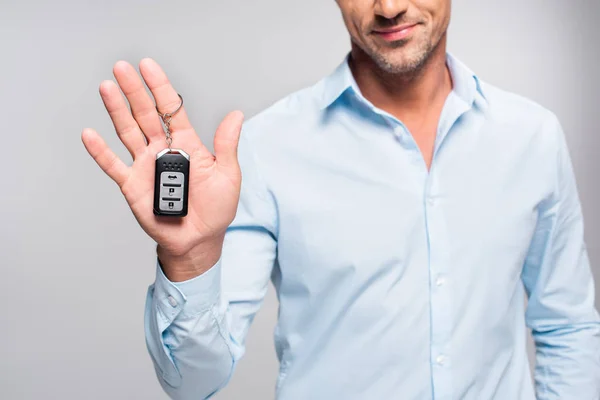 Cropped Shot Handsome Adult Man Holding Car Alarm Remote Isolated — Stock Photo, Image