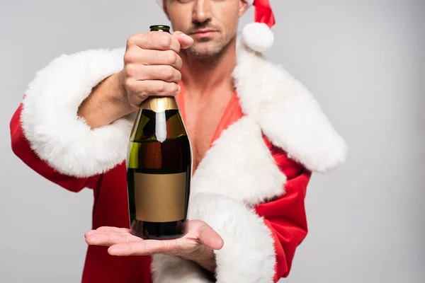 Cropped Shot Man Santa Costume Holding Bottle Champagne Blank Label — Free Stock Photo