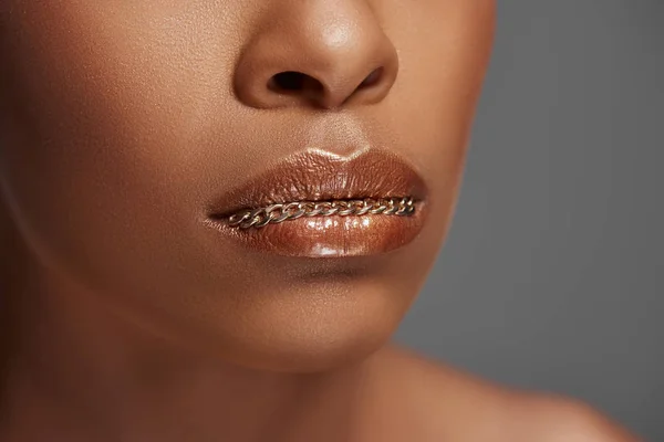 Cropped Shot African American Woman Chain Lips Isolated Grey — Stock Photo, Image