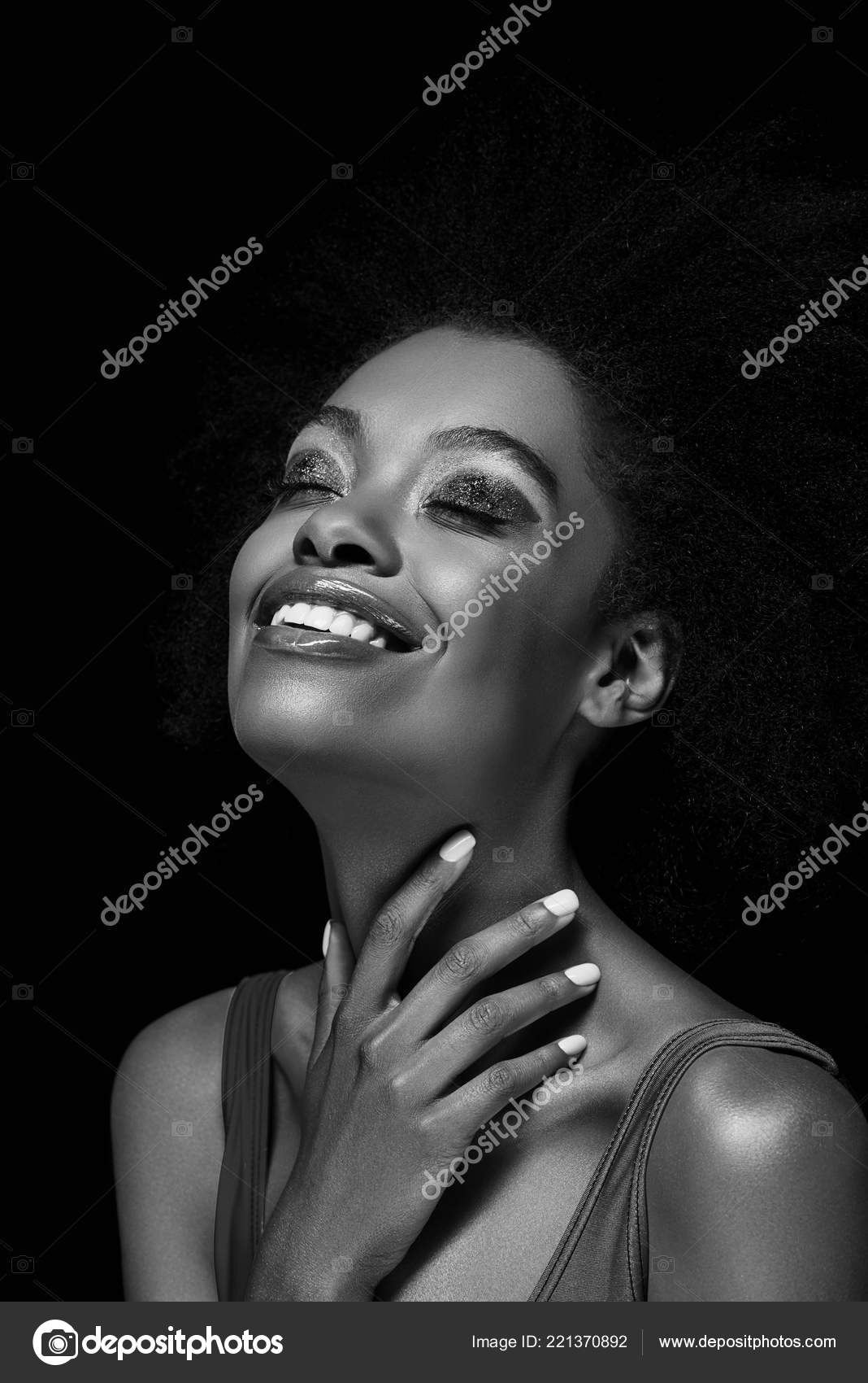 Black White Photo Smiling African American Woman Isolated Black Stock ...